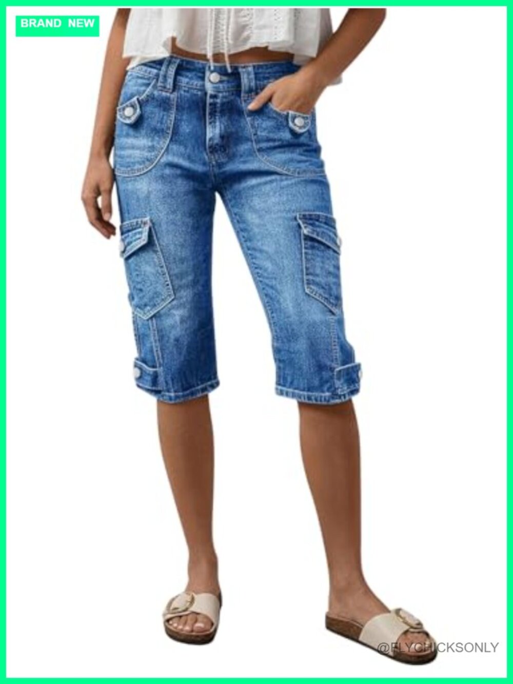 Mid Rise Straight Leg Capri Jeans Women Cargo Style